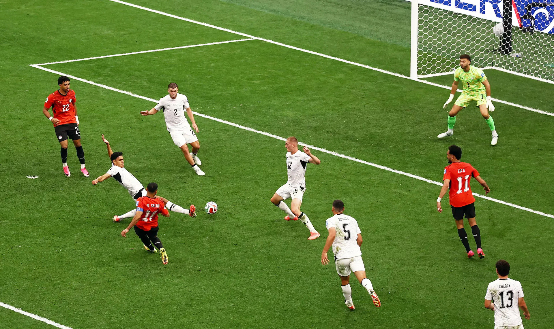 Mohamed Salah of Egypt lurks near the penalty spot during the World Cup matchup.