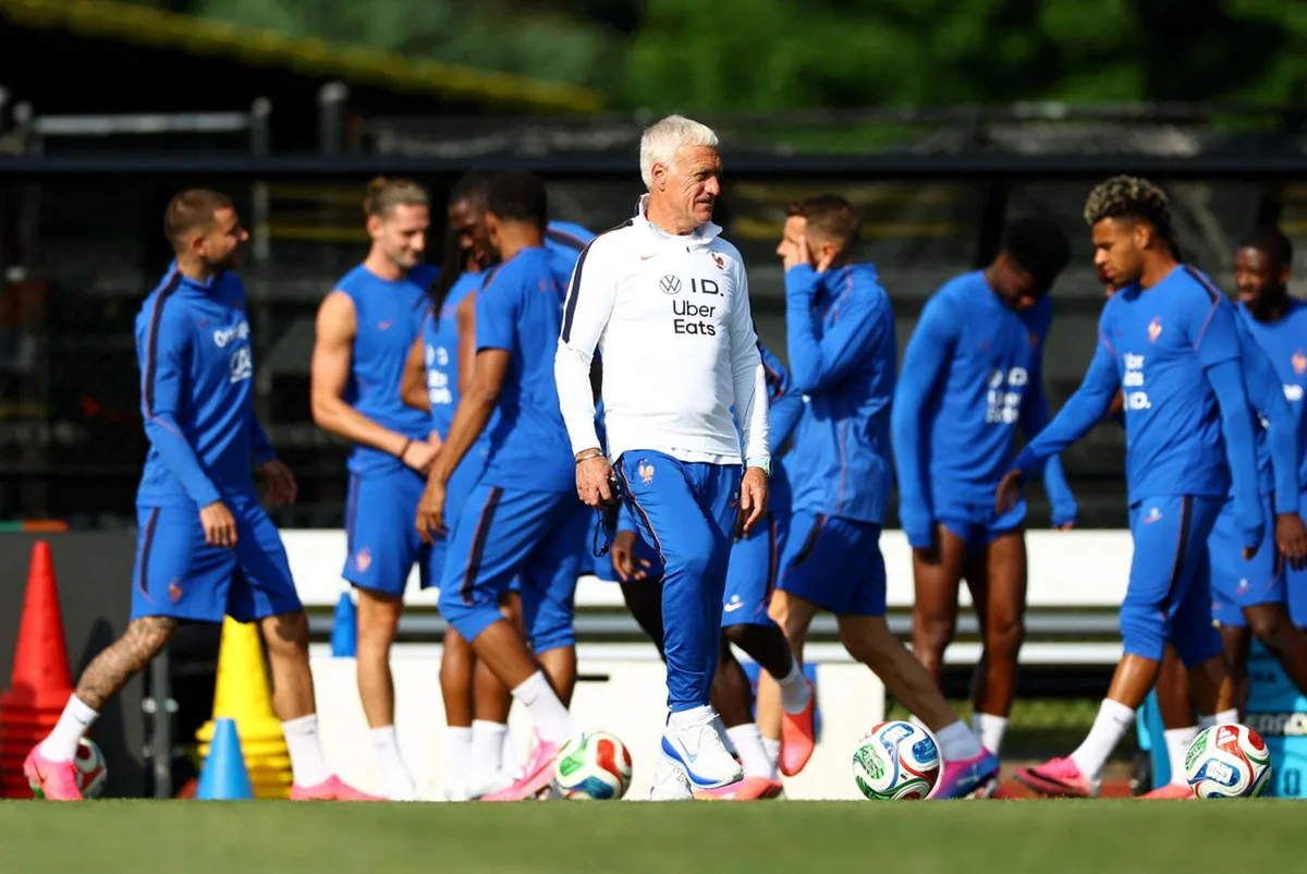 Didier Deschamps, head coach of France, leads the team in training at Bentley University in Waltham, Massachusetts