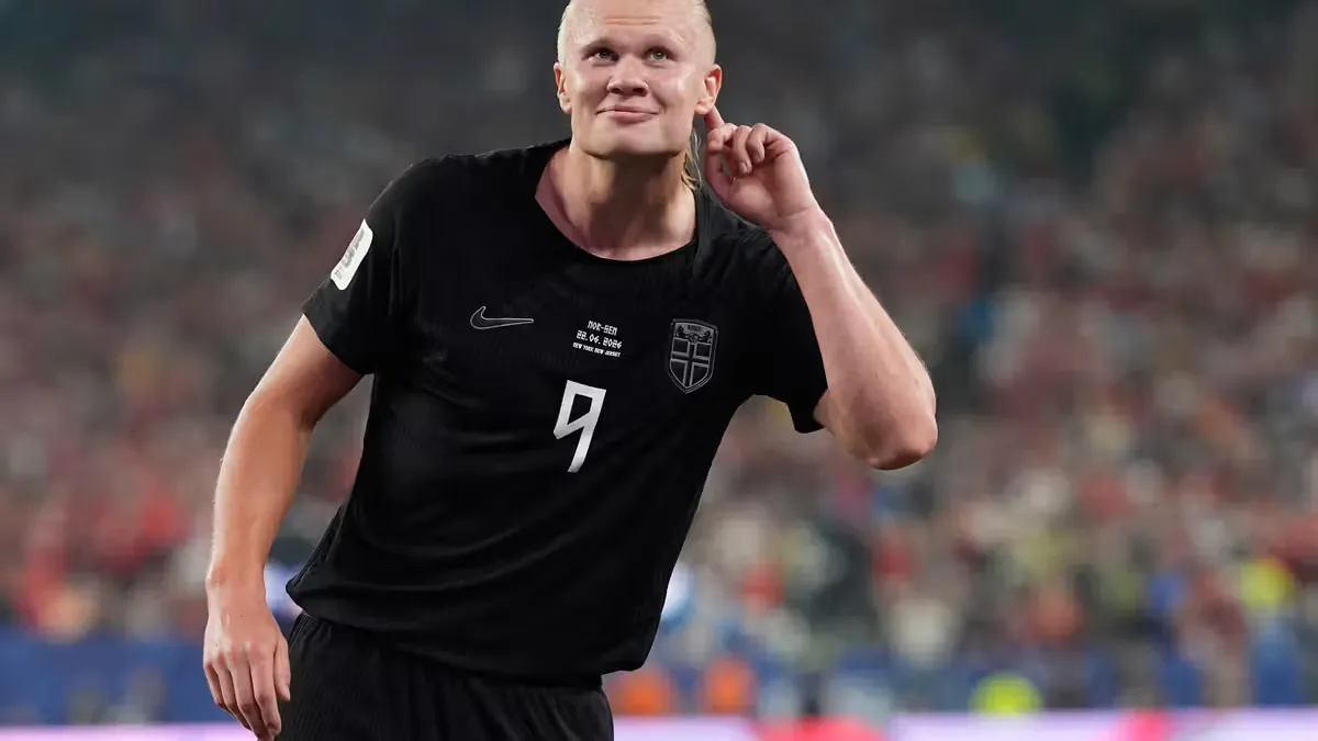 Erling Haaland celebrates scoring Norway's third goal against Senegal
