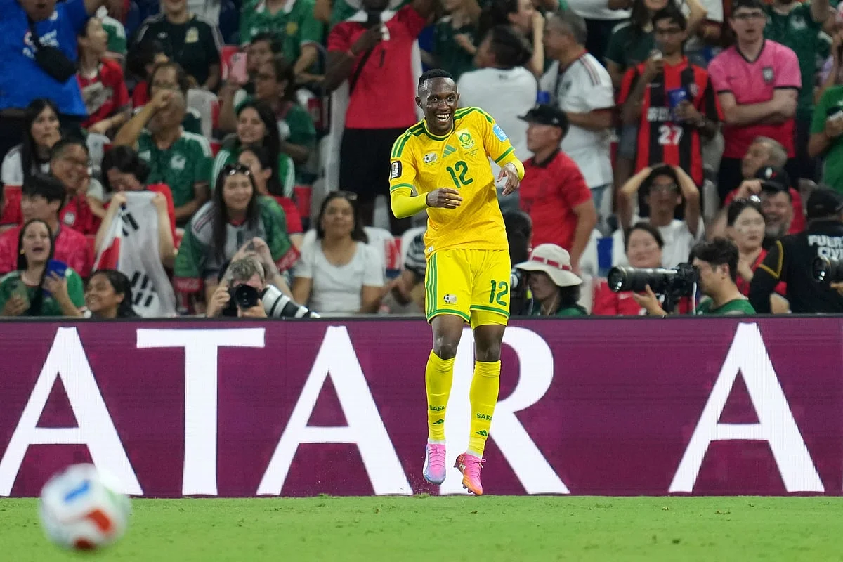South Africa players celebrate Thapelo Maseko's goal against South Korea