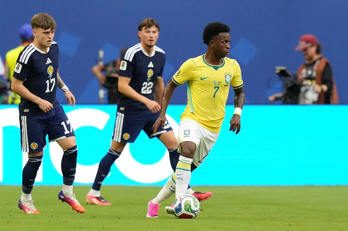 Matheus Cunha scores Brazil's third goal against Scotland